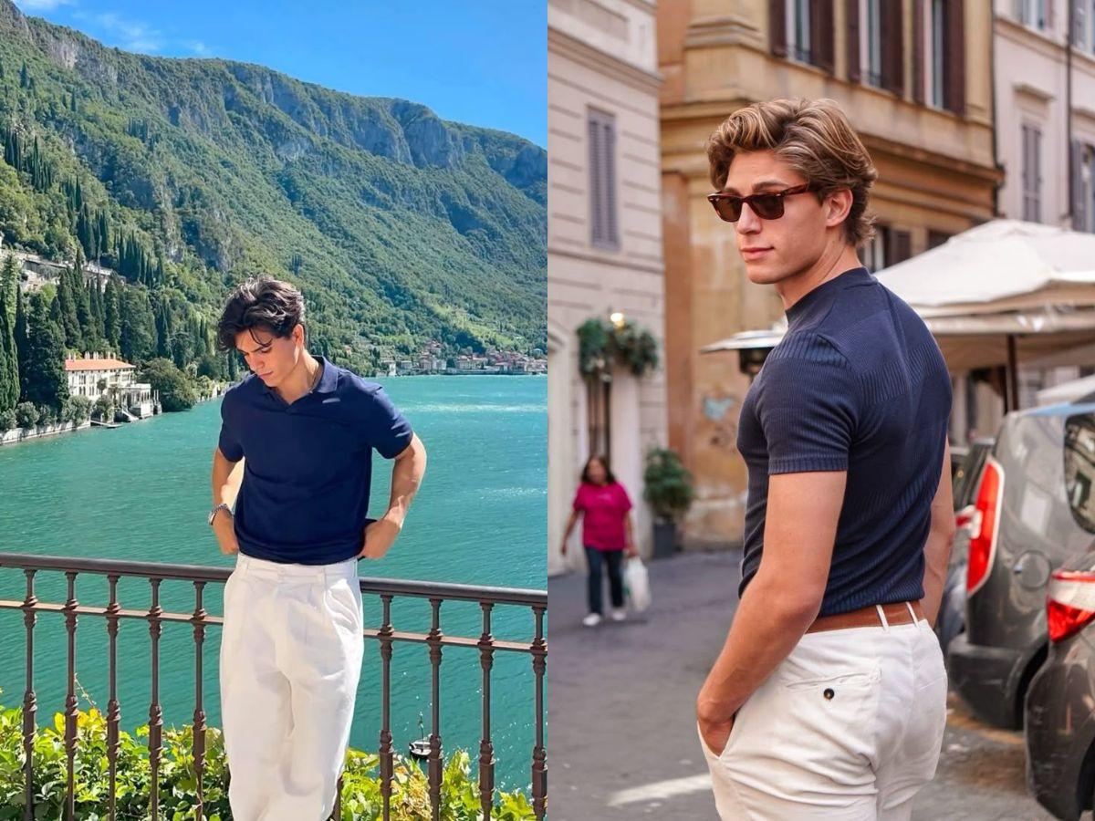 Outfit áo thun xanh navy phối với quần trắng phù hợp cho các chàng dạo phố hoặc tụ tập bạn bè