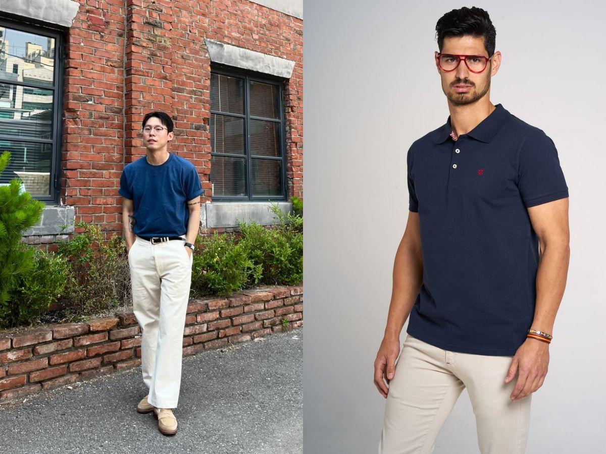 Áo navy phối với quần tây xám hoặc be – outfit thanh lịch cho môi trường công sở