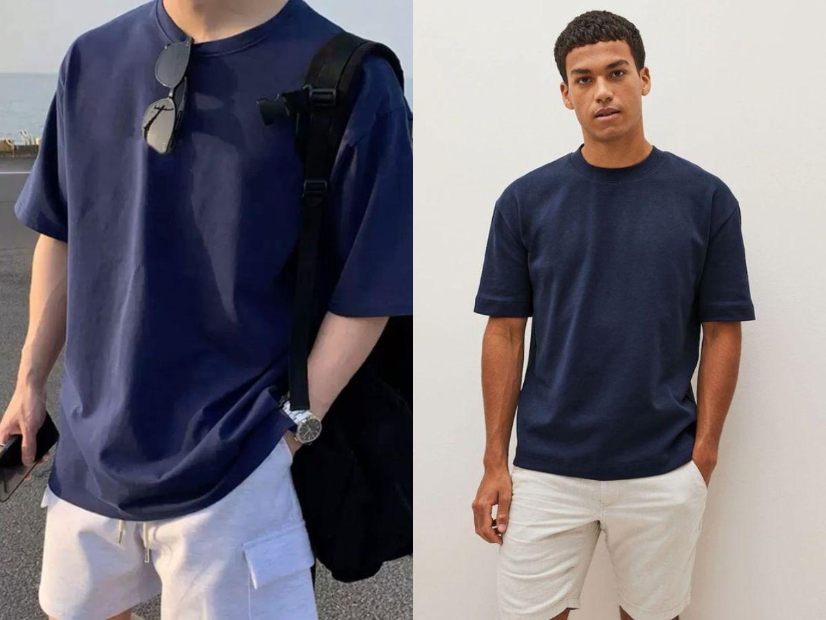 Outfit mùa hè với áo thun xanh navy và quần short linen