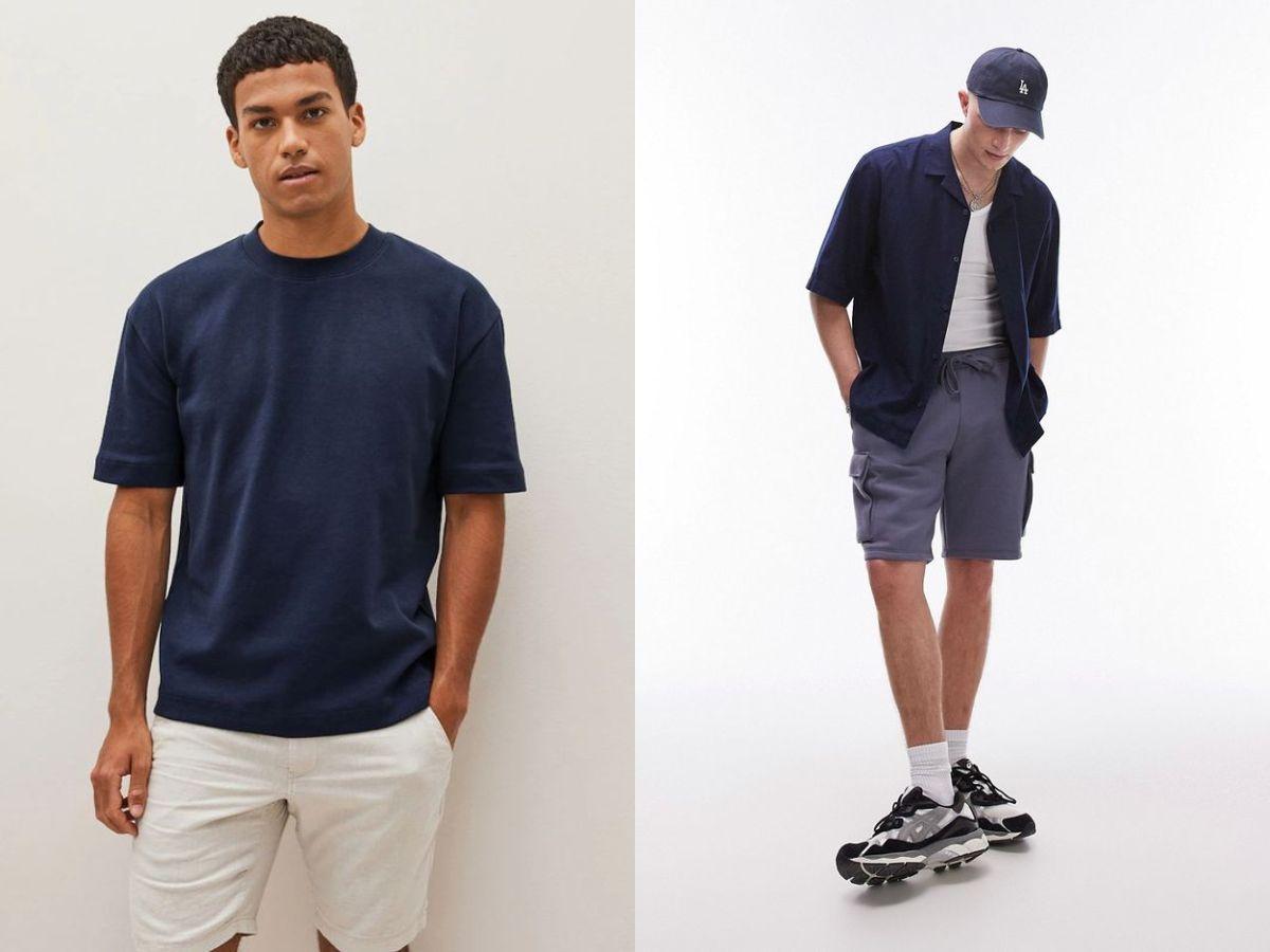 Phối áo thun xanh navy với quần shorts trắng và sneakers trẻ trung