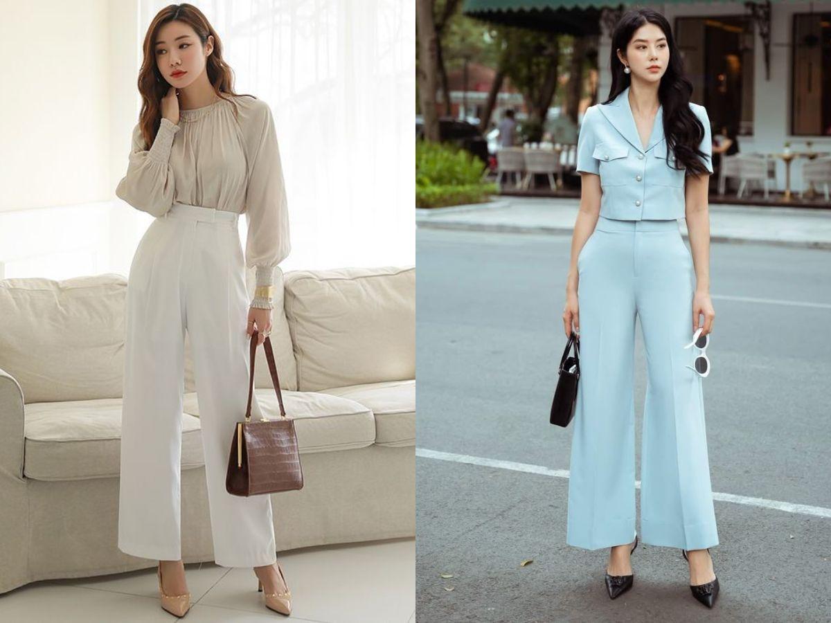 Phối quần tây ống rộng nữ cho người dáng thấp