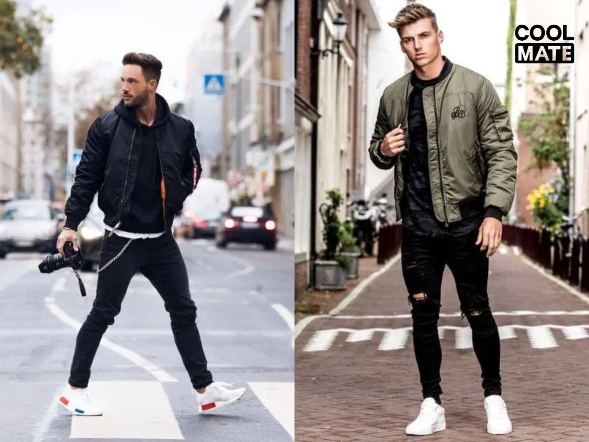 Kết hợp quần jean rách gối và áo khoác bomber mang đến sự cá tính, khỏe khoắn