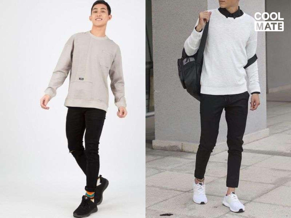 Thoải mái, lịch lãm với “bộ đôi” áo thun dài tay và quần jean local brand nam màu đen