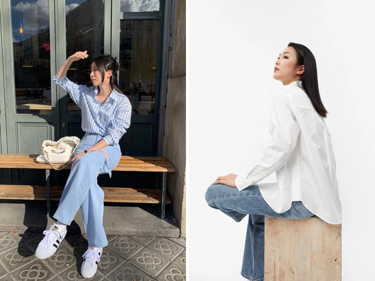 Phối áo sơ mi oversize và áo thun form rộng, kết hợp với quần jean
