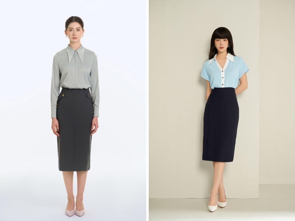 Sơ mi họa tiết + áo thun trơn + chân váy bút chì