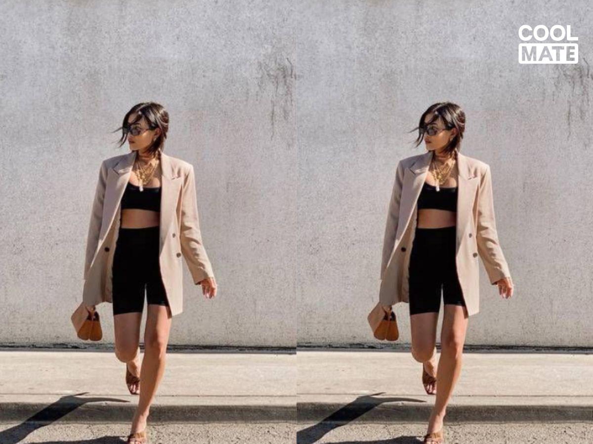 Mặc biker short phối blazer và giày cao gót đi dạo phố