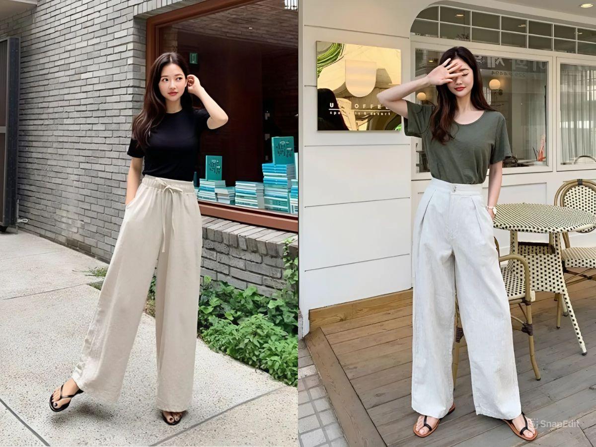  Áo thun phối quần ống rộng đơn giản nhưng luôn hiệu quả