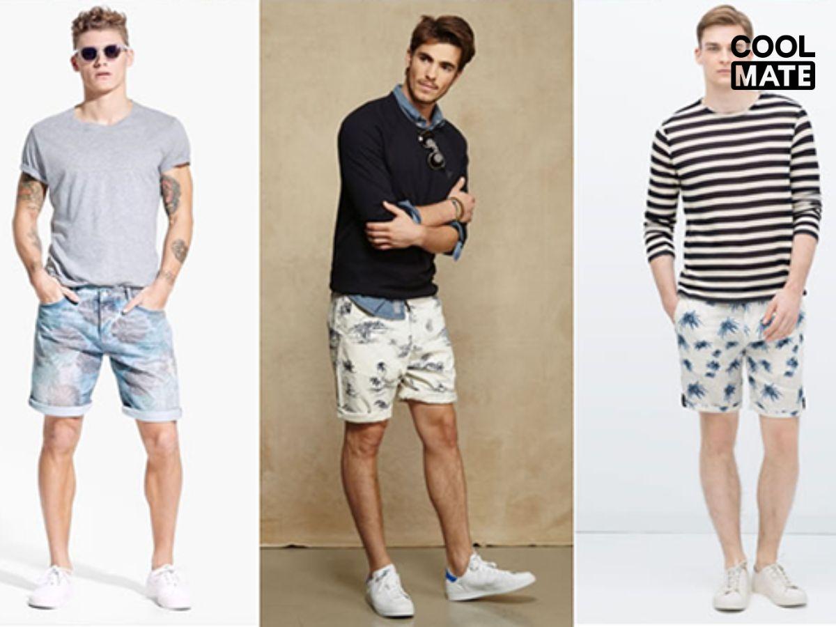 Quần short họa tiết phối áo sơ mi trơn tạo phong cách nổi bật