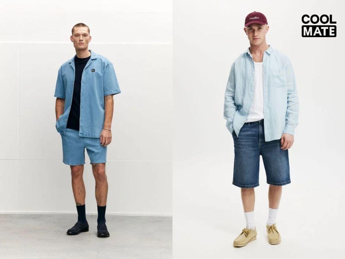 Quần short jeans phối áo sơ mi tạo phong cách bụi bặm, trẻ trung