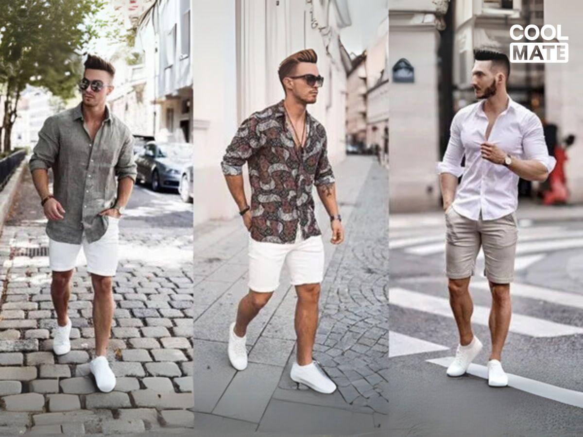 Quần short jean nam mix cùng áo sơ mi tạo cảm giác năng động và thoải mái vào những ngày hè
