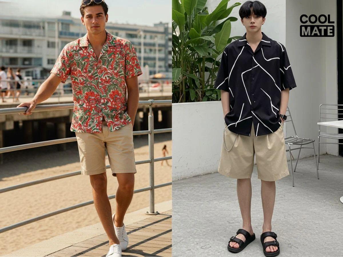 Sơ mi họa tiết phối quần short trơn tạo điểm nhấn mùa hè