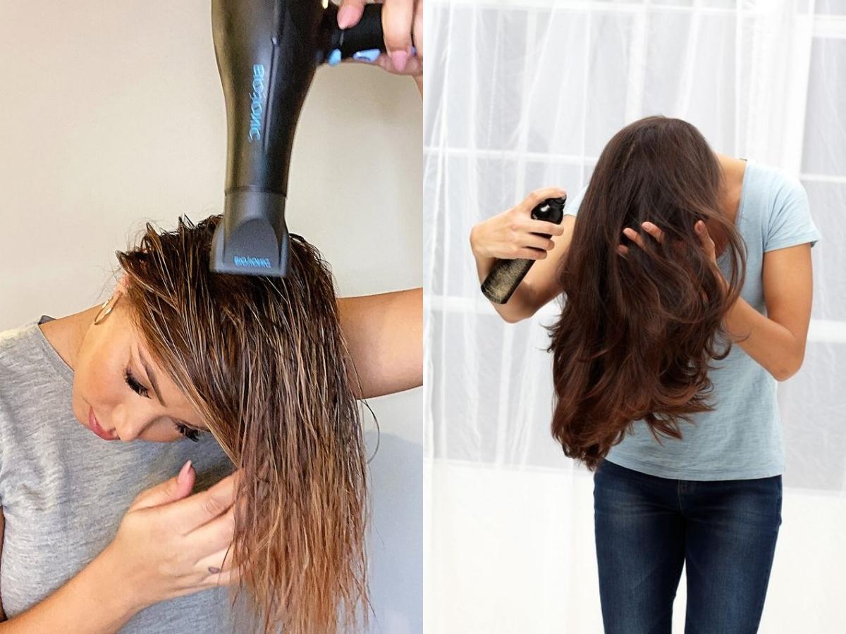 Thoa đều sản phẩm dưỡng hoặc xịt bảo vệ nhiệt, sau đó cúi đầu xuống để sấy phần chân tóc