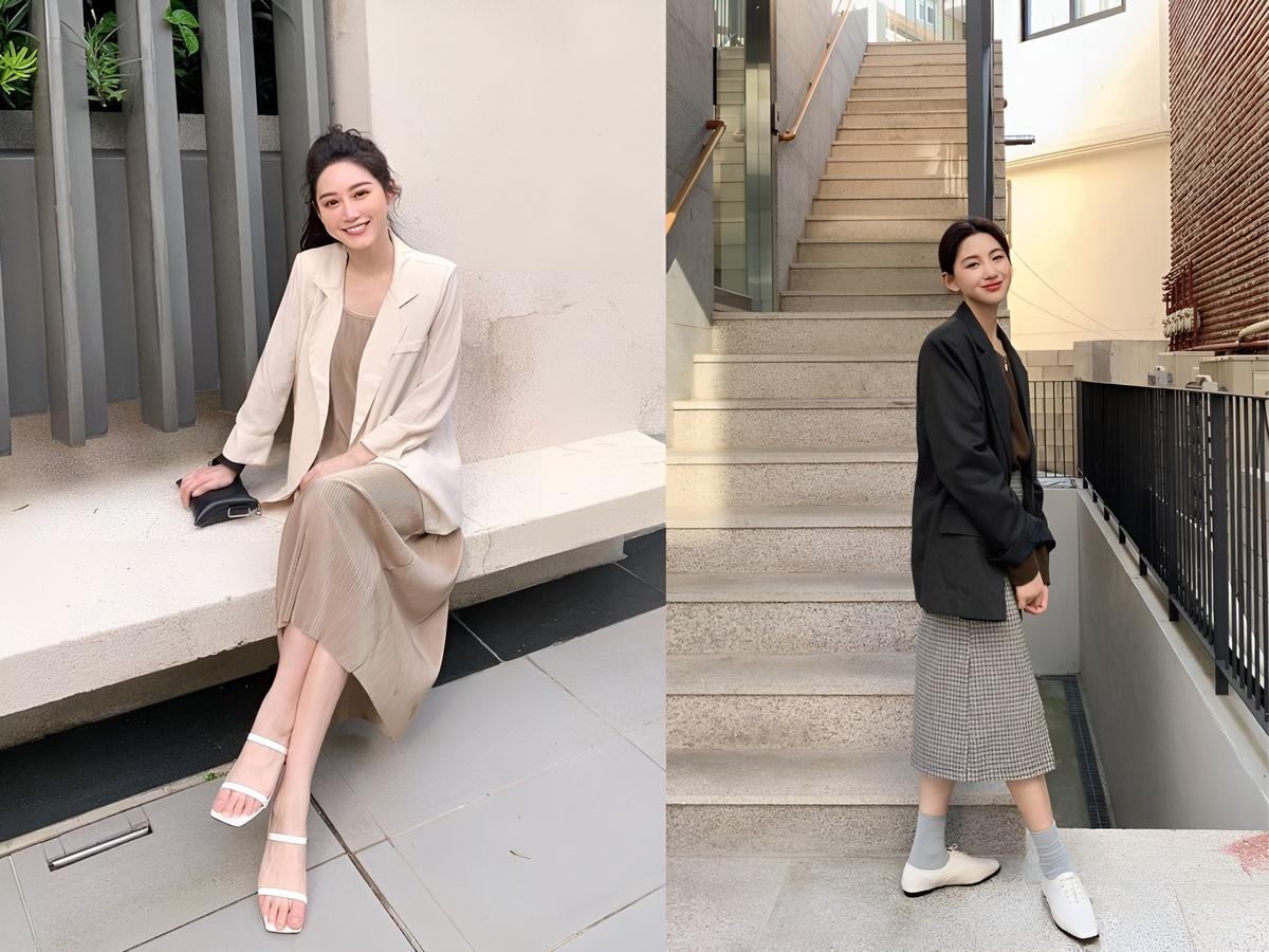 Phối đầm công sở chữ A với áo blazer, cardigan, vest