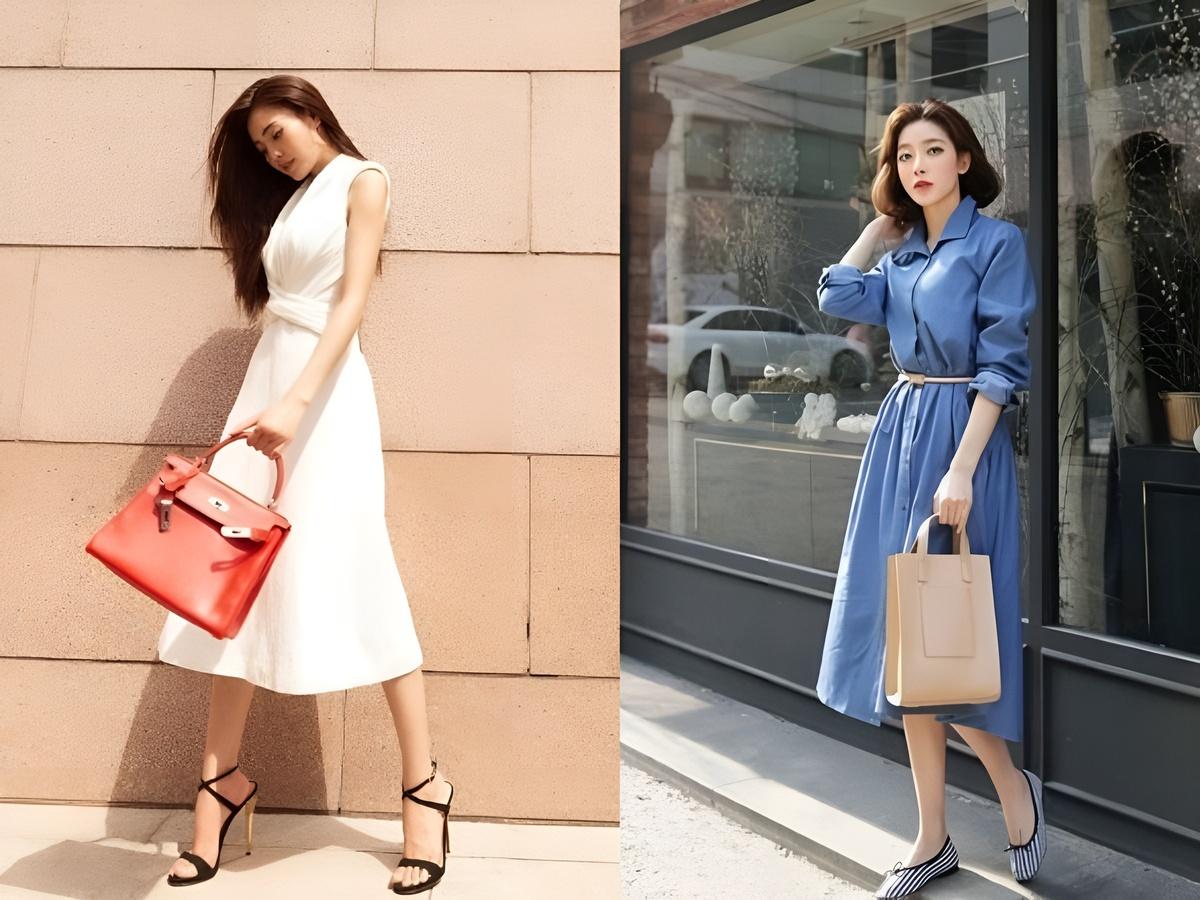 Phối đầm công sở chữ A với giày cao gót, giày búp bê, sandal