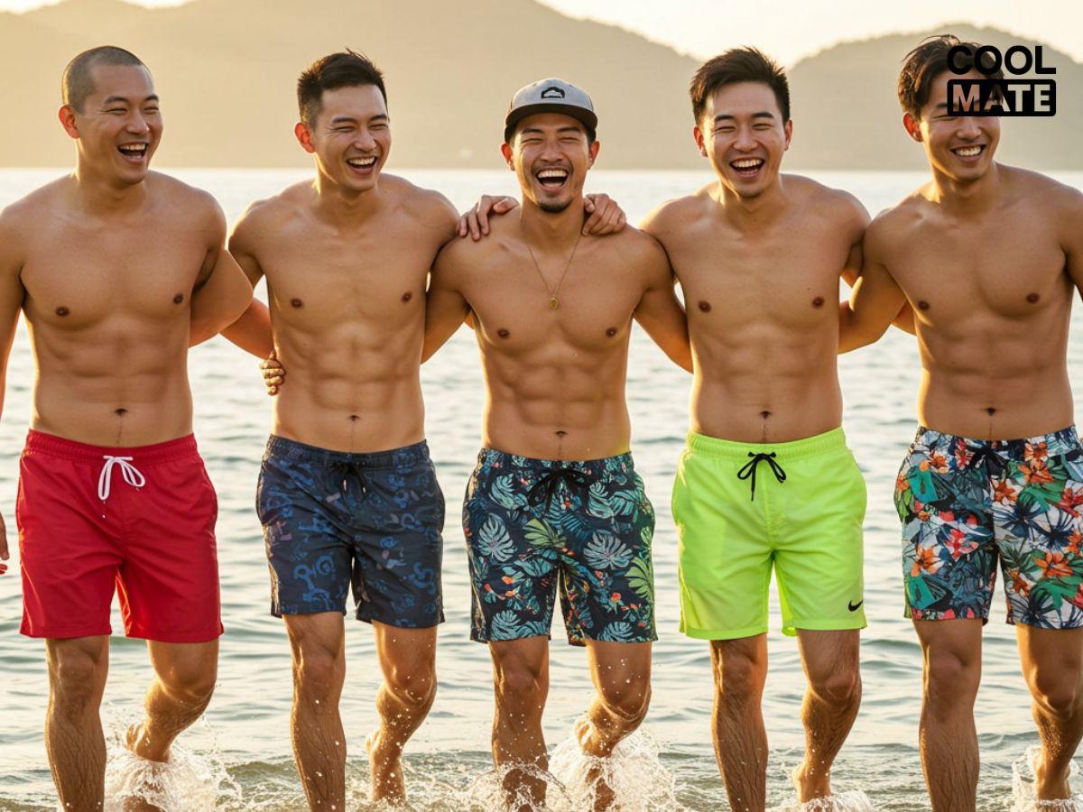 Nhóm nam đang vui vẻ chơi đùa trên bãi biển, mặc nhiều kiểu dáng đồ bơi khác nhau (quần short, quần trunk), dưới ánh nắng rực rỡ.