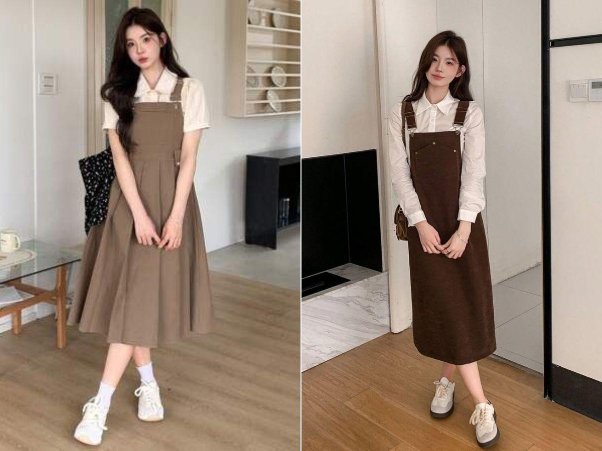 Outfit dạo phố với váy yếm công sở