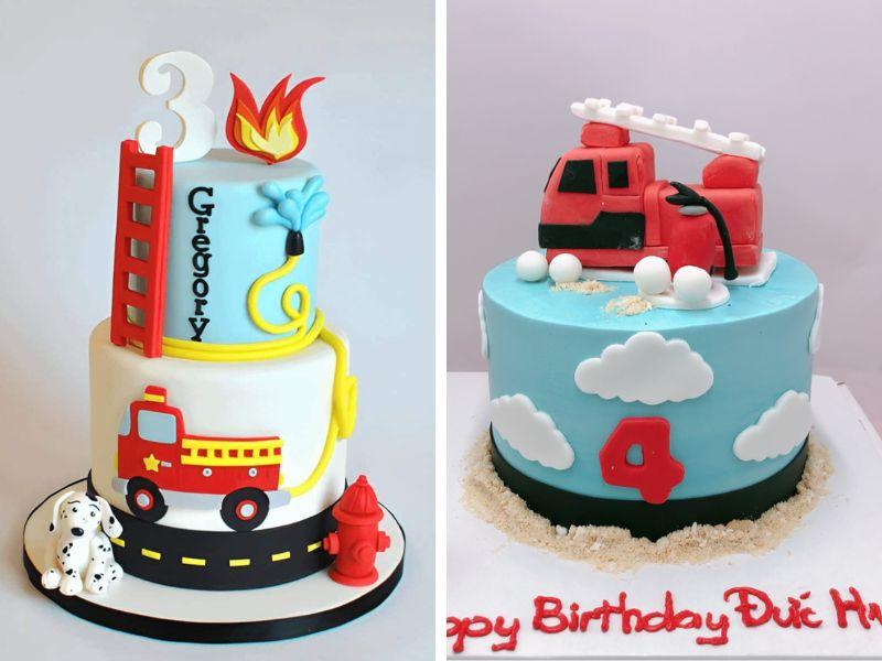 Bánh sinh nhật 2 tầng cho bé trai hình ô tô cứu hỏa