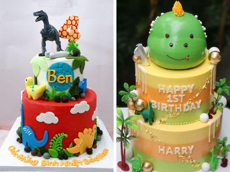 Bánh sinh nhật 2 tầng cho bé trai hình khủng long