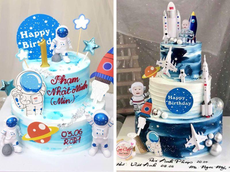 Bánh sinh nhật 2 tầng cho bé trai hình phi hành gia vũ trụ