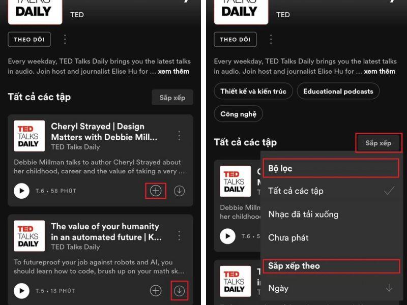 Tùy chọn “Lưu”, “Tải xuống” và “Sắp xếp” Podcast Spotify