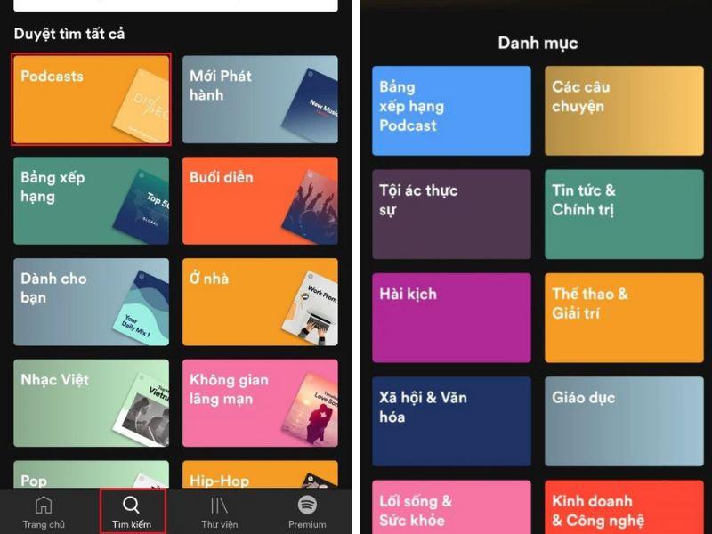 Mở Spotify Podcast và chọn chủ đề bạn quan tâm