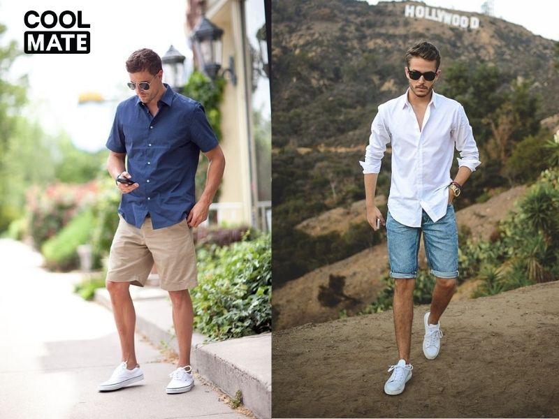 Phối quần short thể thao với áo sơ mi