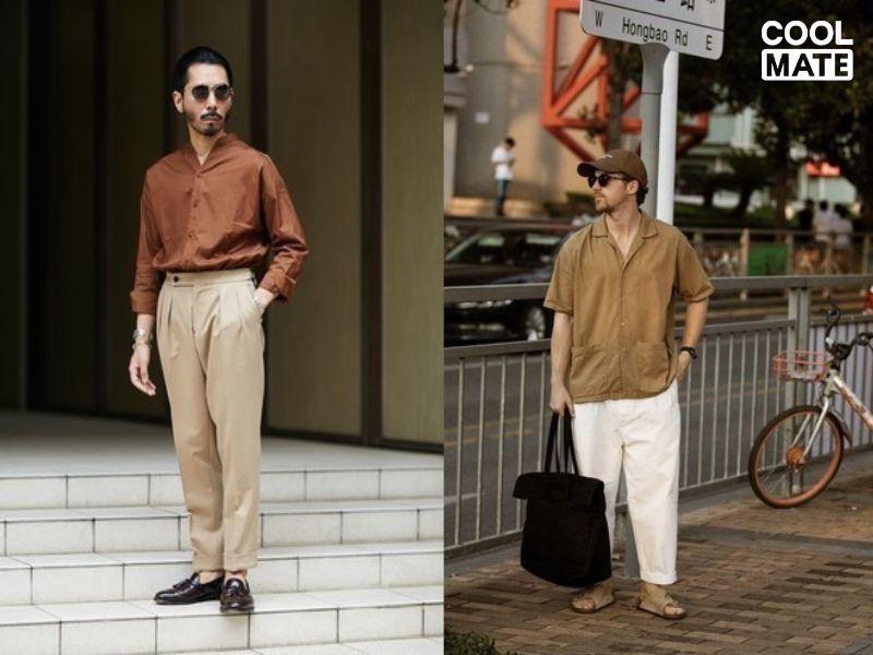 Áo sơ mi nam màu nâu nhạt với quần chinos màu trắng