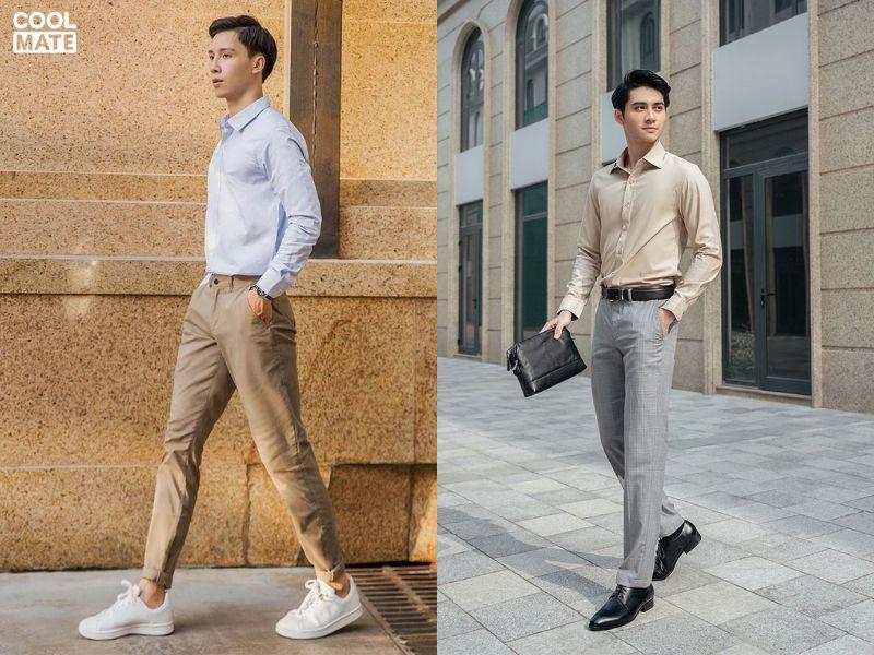 Phối sơ mi với quần kaki thời thượng