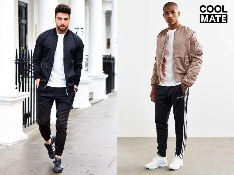 Outfit quần dài thể thao và áo bomber