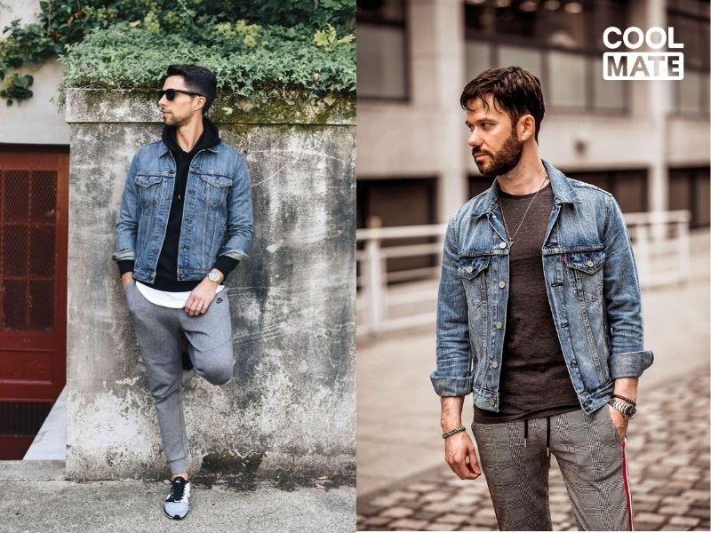 Outfit quần thể thao và áo demin cổ điển