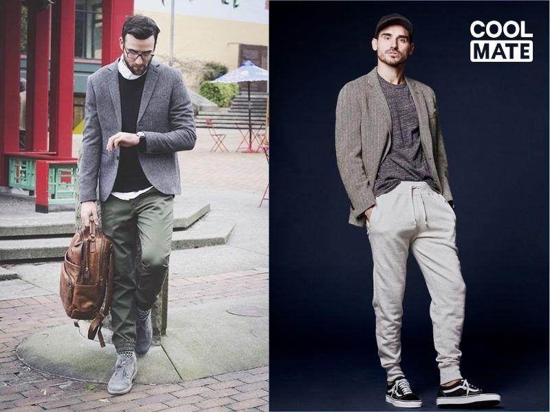Phối áo thun với quần thể thao và áo blazer