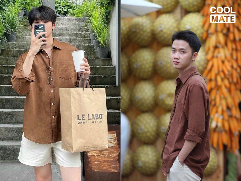 Áo sơ mi nâu socola phối cùng với quần kaki màu be tạo sự tương phản