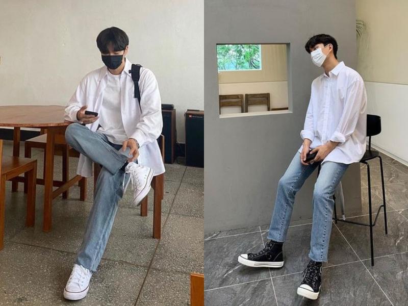 Áo sơ mi sáng màu sơ vin cùng quần jeans tối màu giúp tạo hiệu ứng chân dài