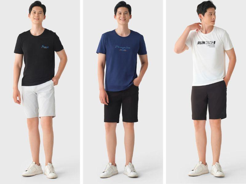 Set đồ áo thun basic tối màu và quần short sáng màu giúp tăng chiều cao