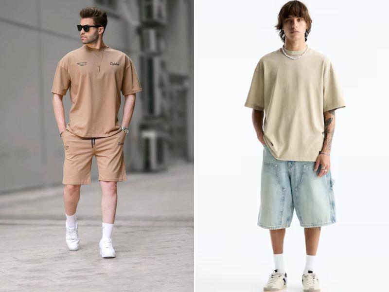 Kết hợp áo thun be + quần short cá tính