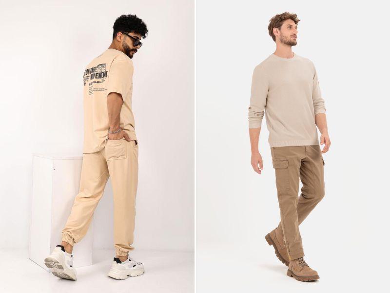 Phối áo thun be + quần túi hộp phá cách