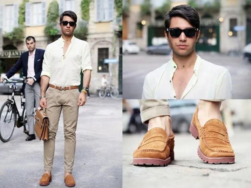 Quần kaki nam khi được kết hợp cùng giày da lộn sẽ tạo nên một outfit đúng chất “bụi”