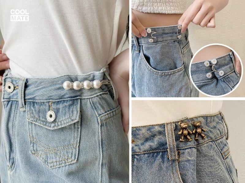 Sửa quần jeans bị rộng bằng ghim băng, ghim cài, nút cài