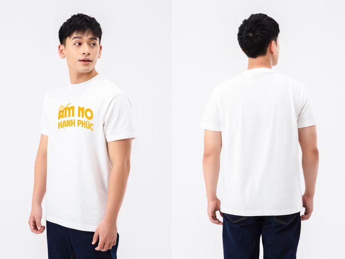Mẫu áo thun yêu nước với hình ảnh nón lá và slogan Ấm No Hạnh Phúc