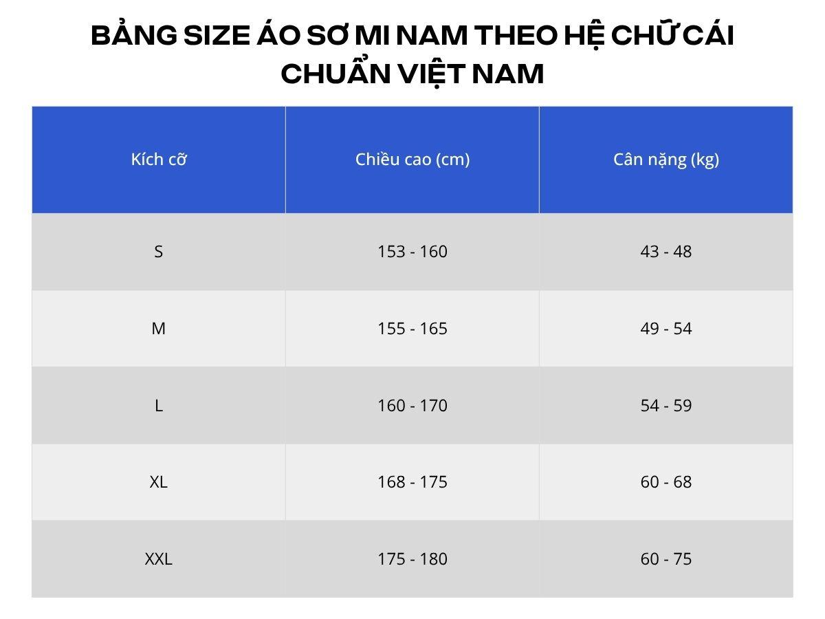 Bảng size áo sơ mi nam theo hệ chữ cái chuẩn Việt Nam