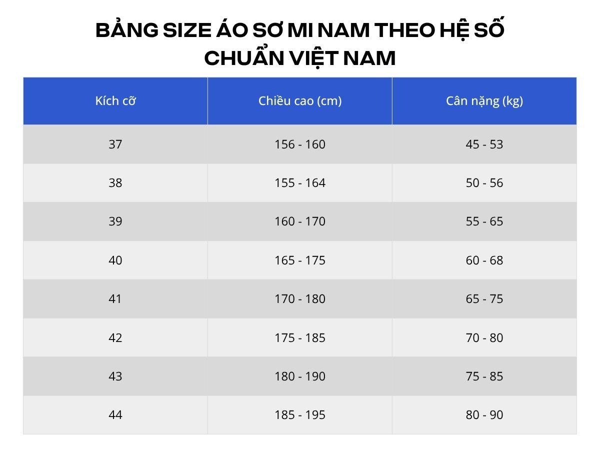 Bảng size áo sơ mi nam theo hệ số chuẩn Việt Nam
