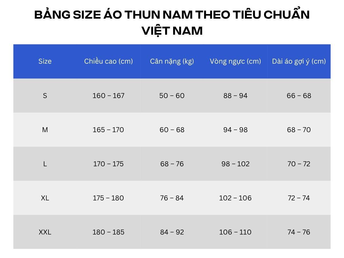 Bảng size áo thun nam theo tiêu chuẩn Việt Nam