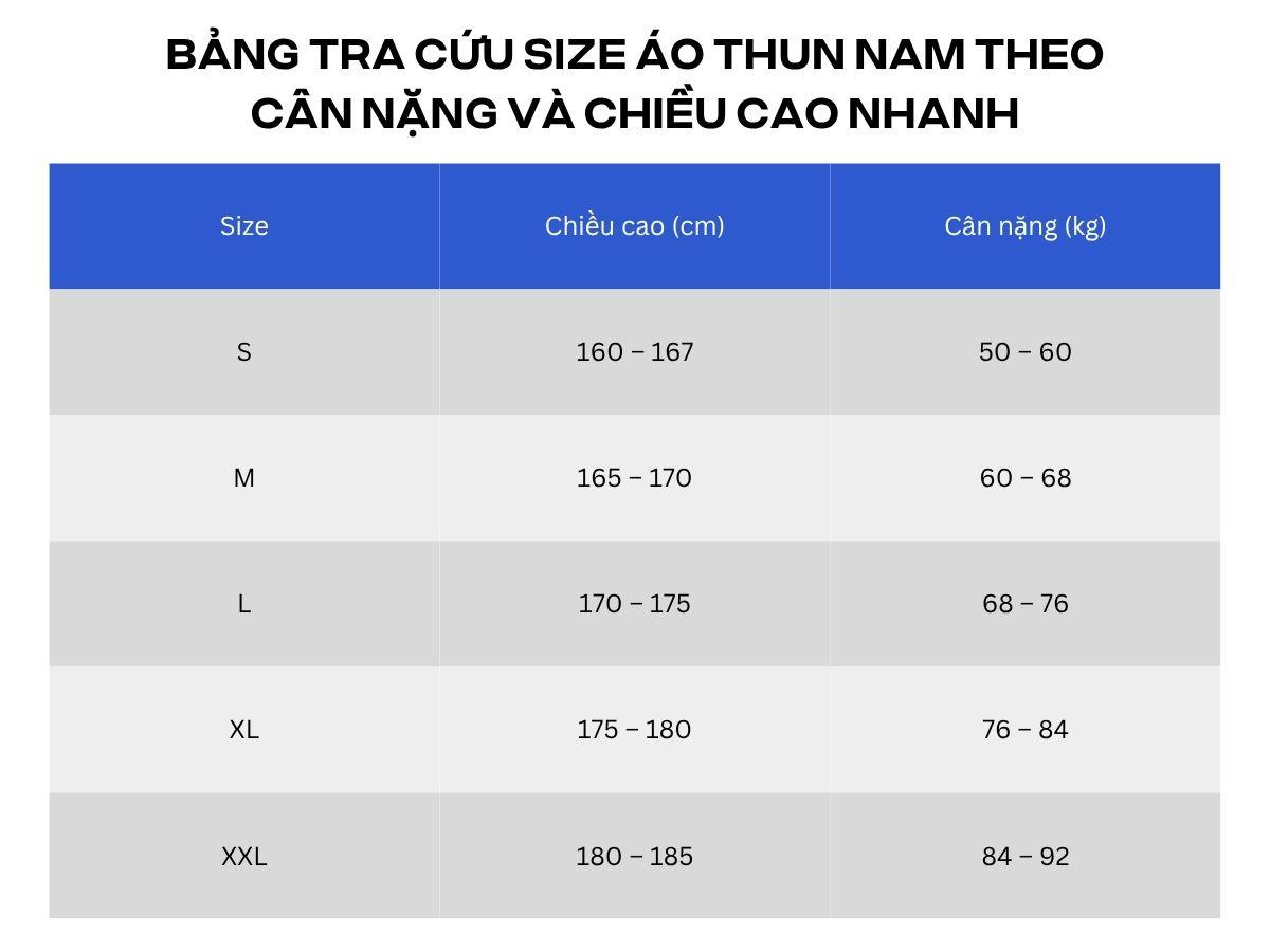 Bảng tra cứu size áo thun nam theo cân nặng và chiều cao nhanh