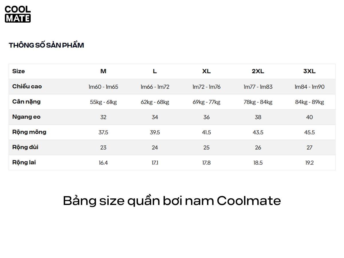 Bảng size quần bơi nam tại Coolmate