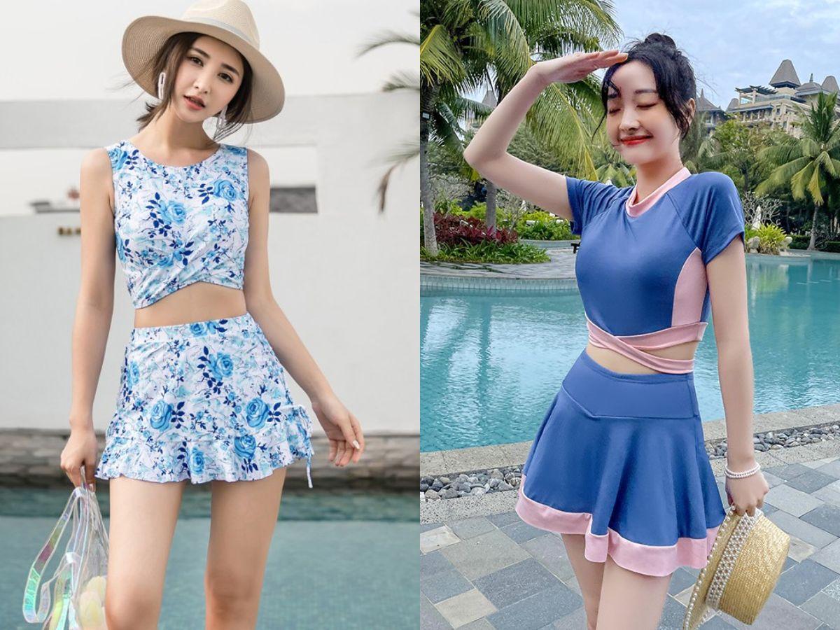 Đồ bơi dáng váy có phần váy xòe nhẹ che phủ hoàn toàn vòng 3 và phần đùi trên