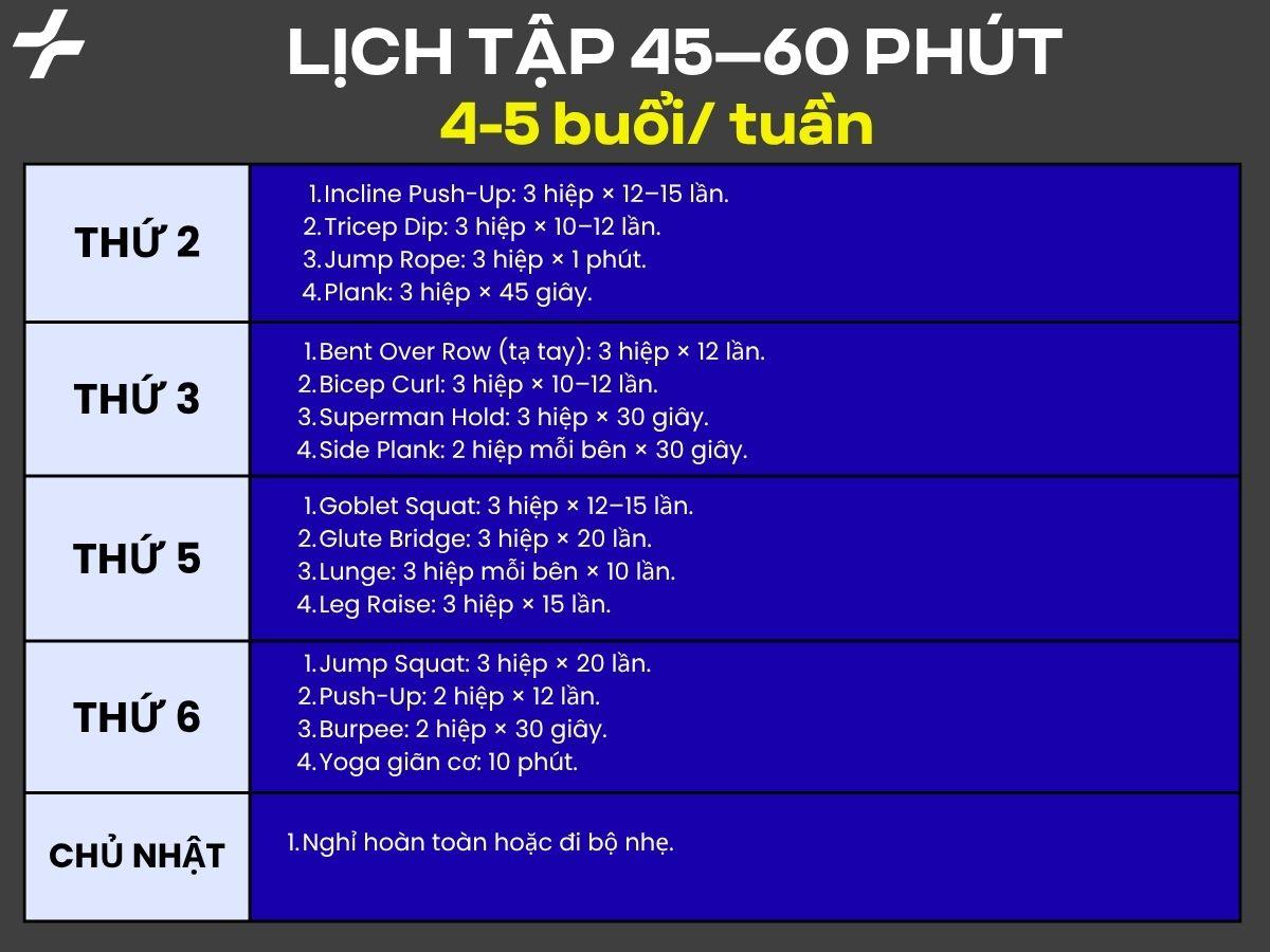 Lịch tập gym 45-60 phút dành cho người muốn tăng cơ hoặc cải thiện thể hình