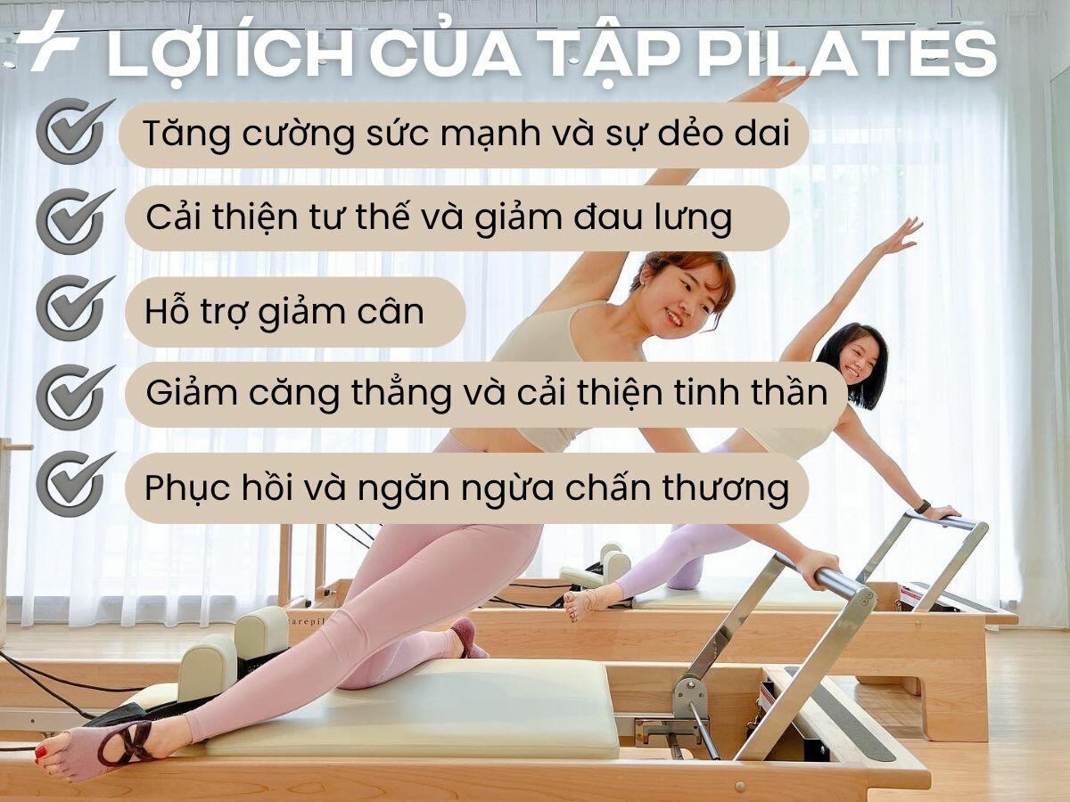 Pilates tăng sức mạnh cơ lõi, cải thiện tư thế, giảm đau lưng, hỗ trợ giảm cân, giảm stress và giúp phục hồi chấn thương