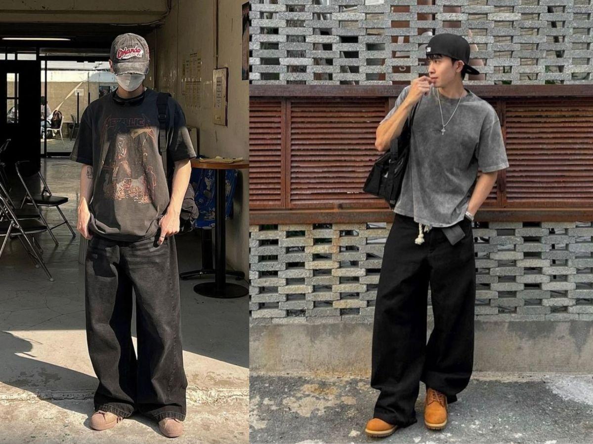 Diện áo thun oversize nam và quần ống thụng màu đen, tạo phong cách streetwear năng động và thoải mái