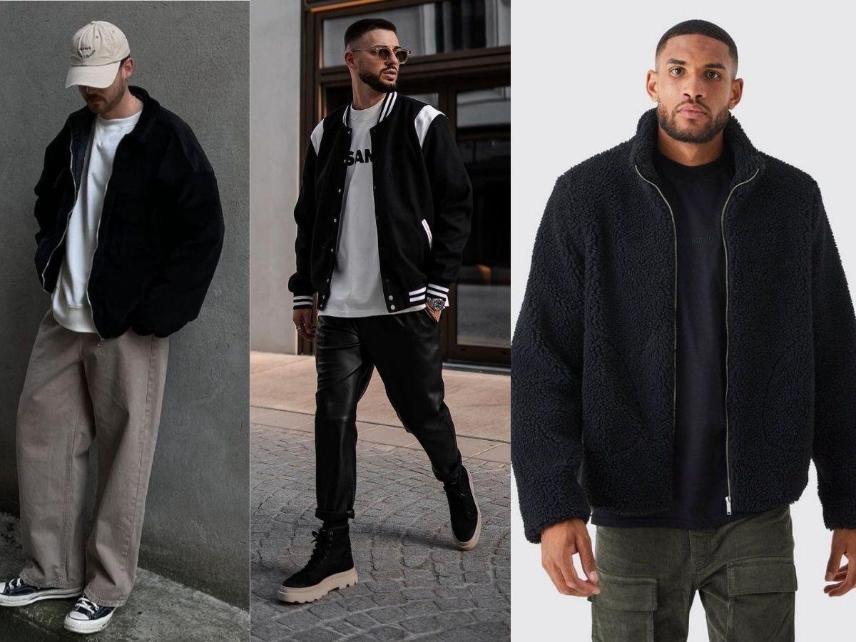 Phong cách layering áo khoác bomber và áo thun oversize nam, mang lại vẻ ngoài hiện đại và đầy cá tính