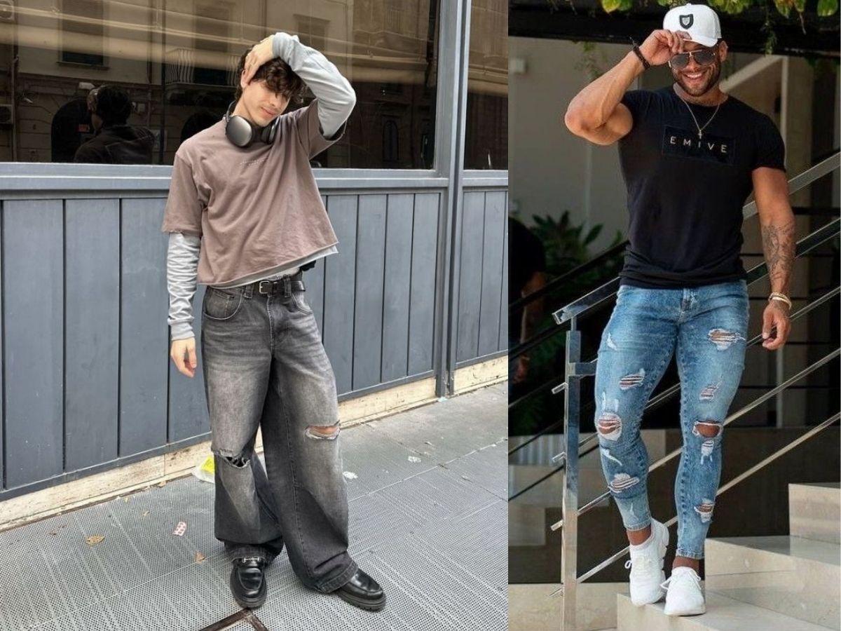 Cách phối đồ với áo thun oversize nam và quần jeans rách gối, thể hiện phong cách bụi bặm và cá tính